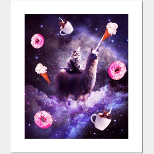 Outer Space Cat Riding Llama Unicorn - Donut Posters and Art